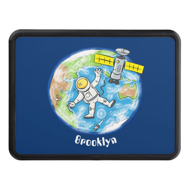 Funny astronaut in space and earth cartoon hitch cover (Front)