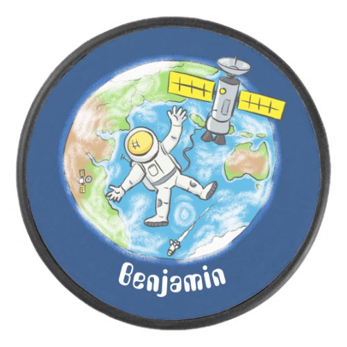 Funny astronaut in space and earth cartoon hockey puck