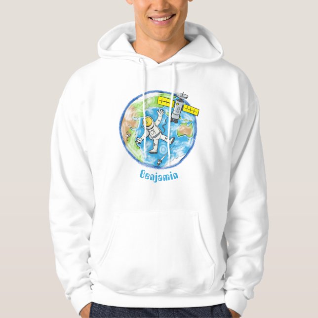 Funny astronaut in space and earth cartoon hoodie (Front)