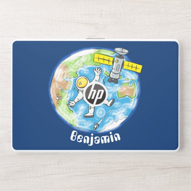 Funny astronaut in space and earth cartoon HP laptop skin (Front)