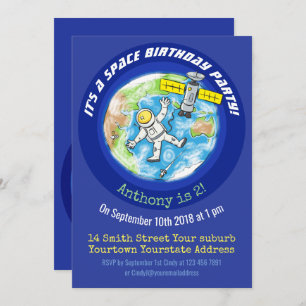 Funny astronaut in space and earth cartoon invitation