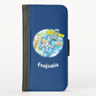 Funny astronaut in space and earth cartoon iPhone x wallet case