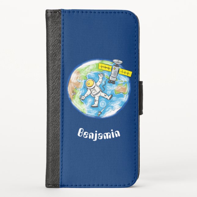 Funny astronaut in space and earth cartoon iPhone wallet case (Front)