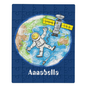 Funny astronaut in space and earth cartoon jigsaw puzzle