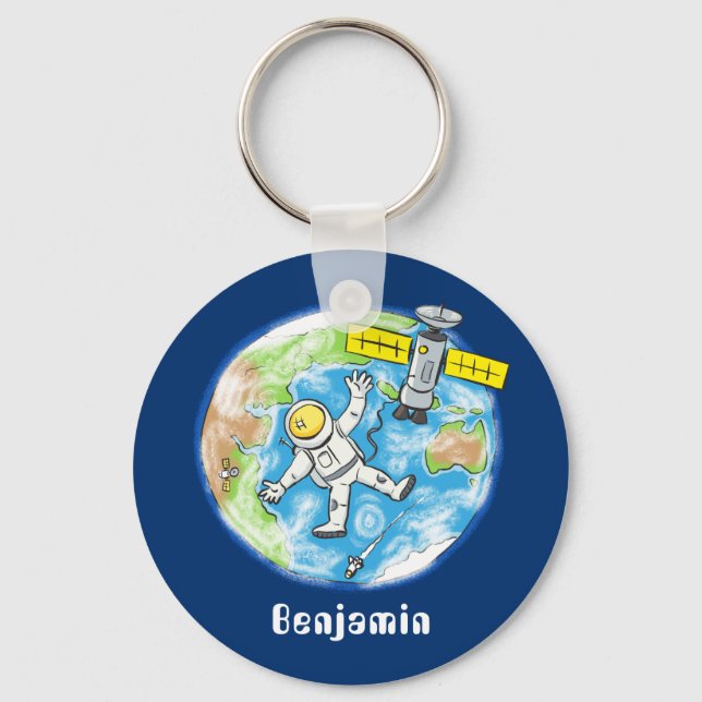 Funny astronaut in space and earth cartoon keychain (Front)