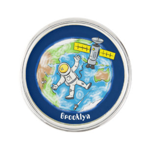 Funny astronaut in space and earth cartoon lapel pin