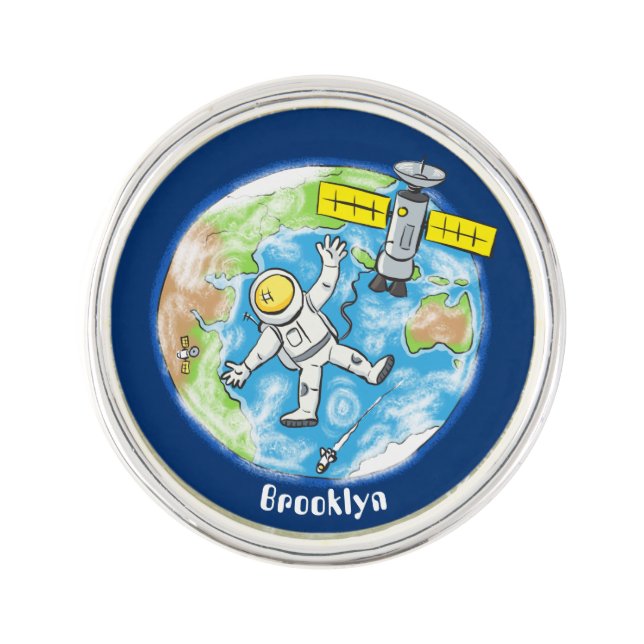 Funny astronaut in space and earth cartoon lapel pin (Front)