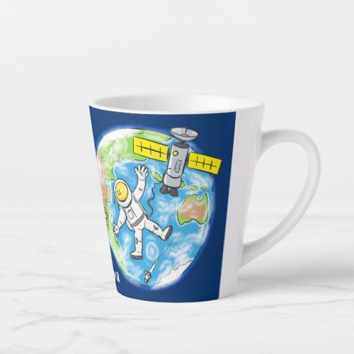 Funny astronaut in space and earth cartoon latte mug