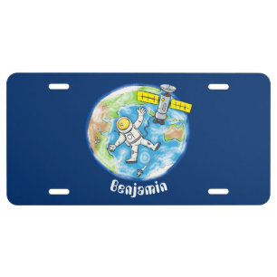 Funny astronaut in space and earth cartoon license plate