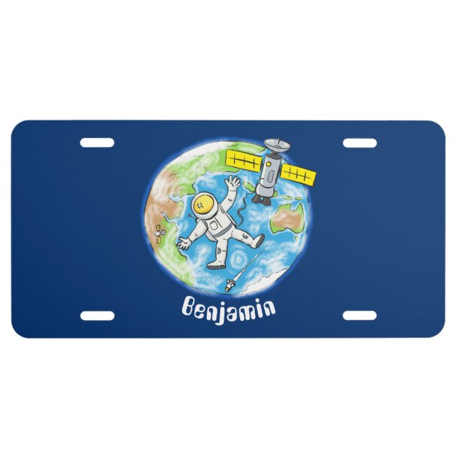 Funny astronaut in space and earth cartoon license plate (Front)