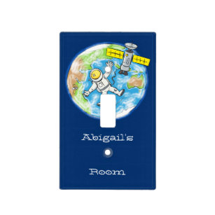 Funny astronaut in space and earth cartoon light switch cover