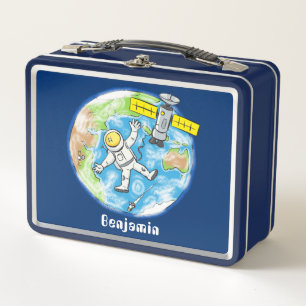 Funny astronaut in space and earth cartoon metal lunch box