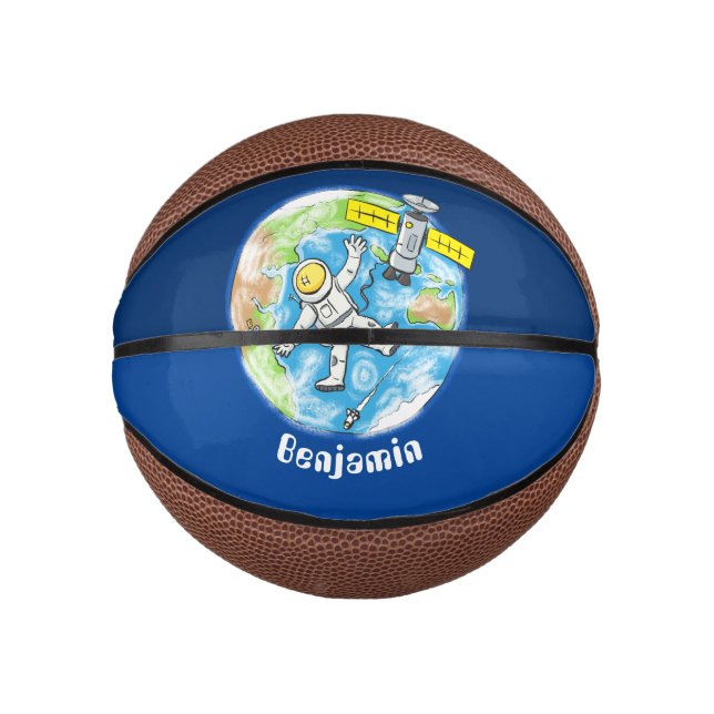 Funny astronaut in space and earth cartoon mini basketball (Front)