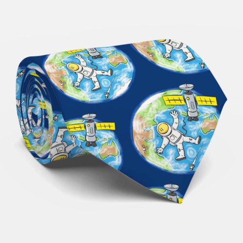Funny astronaut in space and earth cartoon neck tie