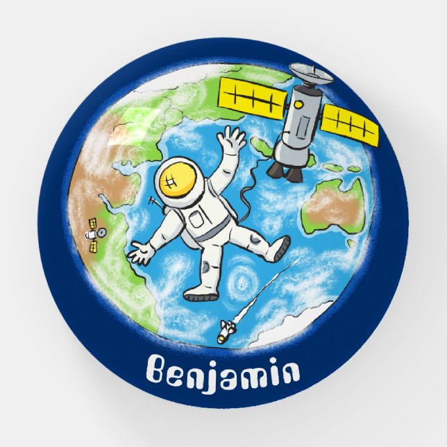 Funny astronaut in space and earth cartoon paperweight (Front)