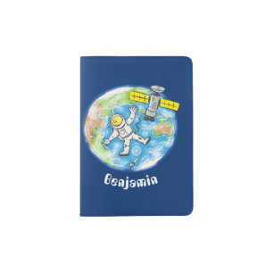 Funny astronaut in space and earth cartoon passport holder