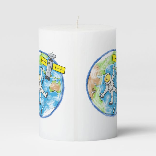 Funny astronaut in space and earth cartoon pillar candle (Back)