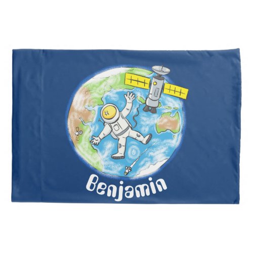 Funny astronaut in space and earth cartoon pillow case