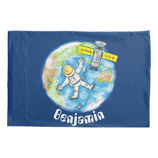 Funny astronaut in space and earth cartoon pillow case (Back)