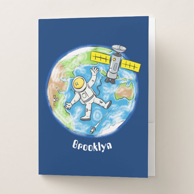 Funny astronaut in space and earth cartoon pocket folder (Front)