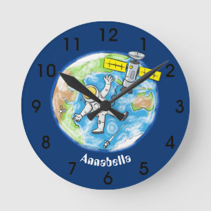 Funny astronaut in space and earth cartoon round clock