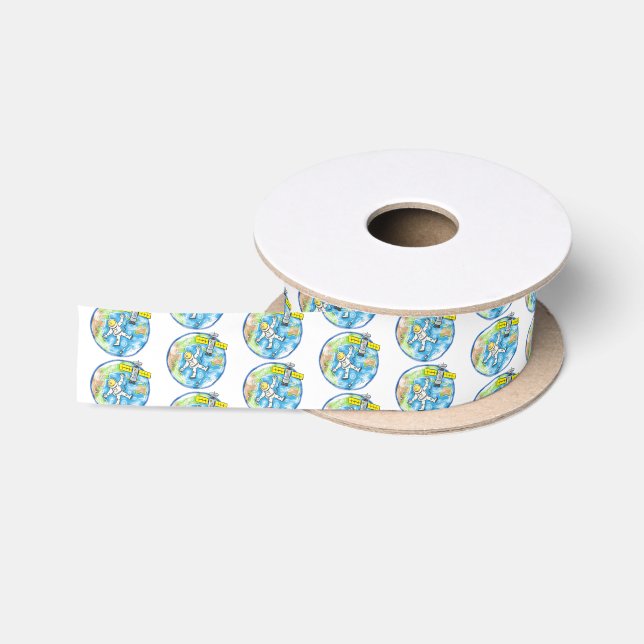 Funny astronaut in space and earth cartoon satin ribbon (Spool)