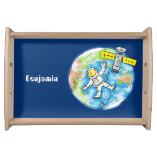 Funny astronaut in space and earth cartoon serving tray