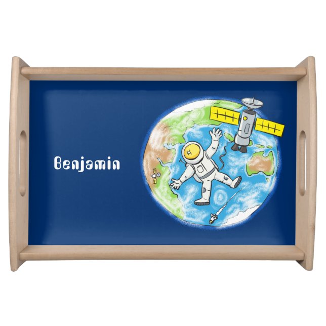 Funny astronaut in space and earth cartoon serving tray (Front)