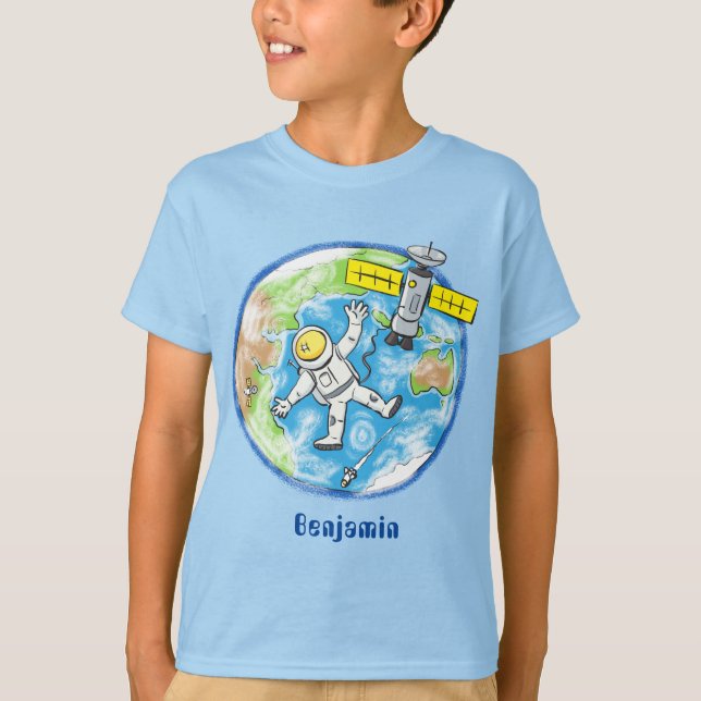 Funny astronaut in space and earth cartoon T-Shirt (Front)