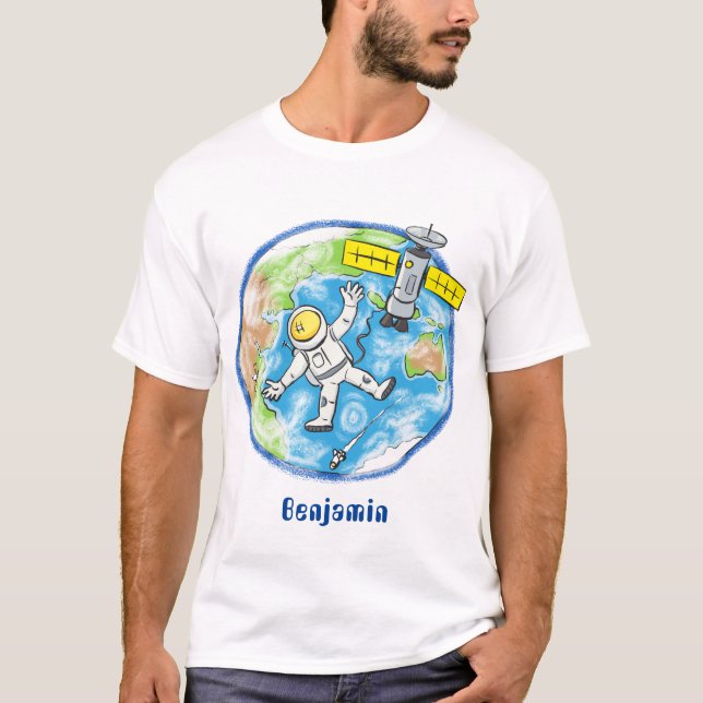 Funny astronaut in space and earth cartoon T-Shirt (Front)