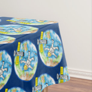 Funny astronaut in space and earth cartoon tablecloth