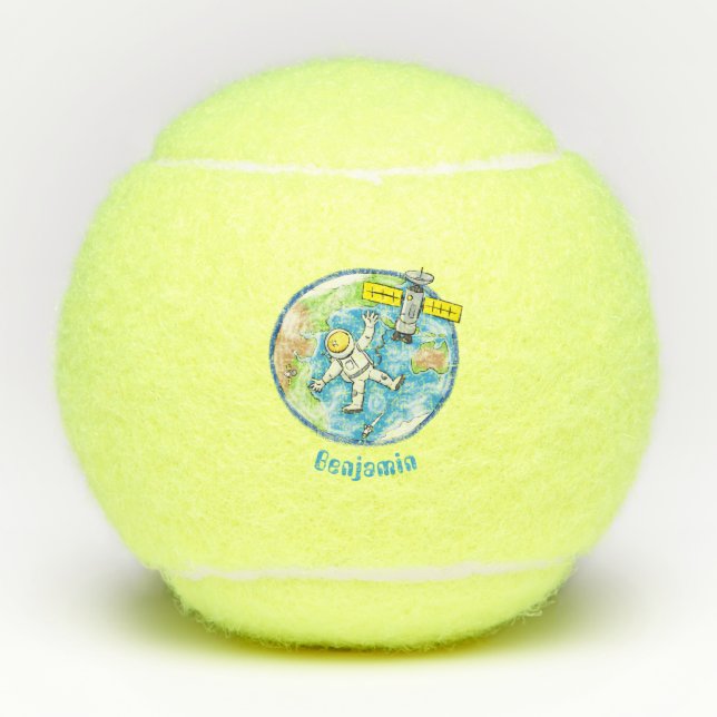 Funny astronaut in space and earth cartoon tennis balls (Front)