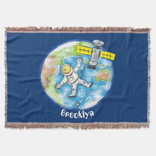 Funny astronaut in space and earth cartoon throw blanket
