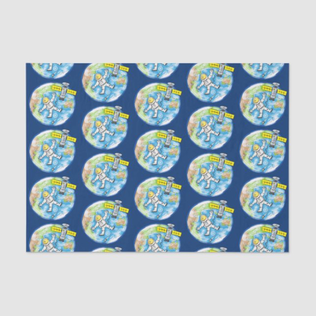 Funny astronaut in space and earth cartoon tissue paper (Front)