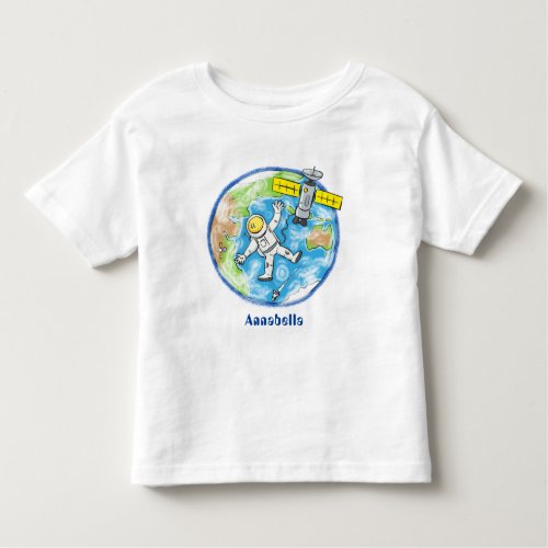 Funny astronaut in space and earth cartoon toddler t_shirt