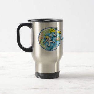 Funny astronaut in space and earth cartoon travel mug
