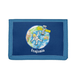 Funny astronaut in space and earth cartoon trifold wallet