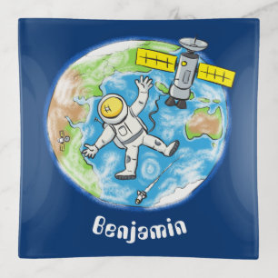 Funny astronaut in space and earth cartoon trinket tray