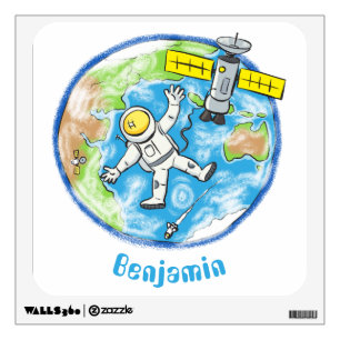 Funny astronaut in space and earth cartoon wall decal