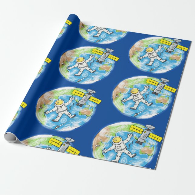 Funny astronaut in space cartoon illustration wrapping paper (Unrolled)