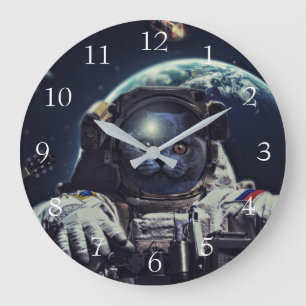 Funny Astronaut Shorthair Cat in Space Large Clock
