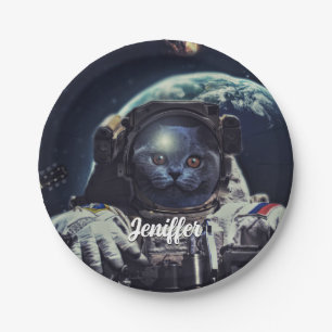 Funny Astronaut Shorthair Cat in Space             Paper Plates