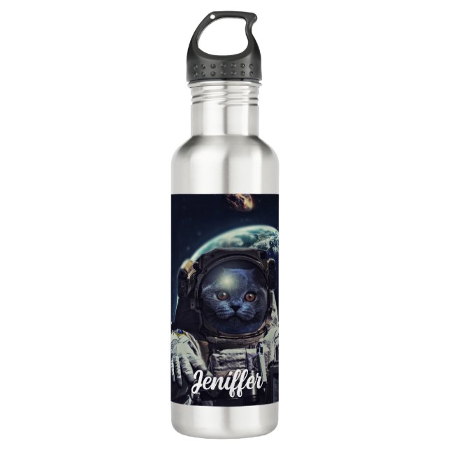 Funny Astronaut Shorthair Cat in Space             Stainless Steel Water Bottle (Front)