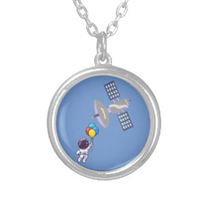 funny astronaut silver plated necklace