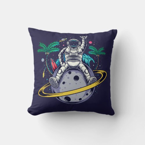 Funny Astronaut Sitting On Saturn Throw Pillow
