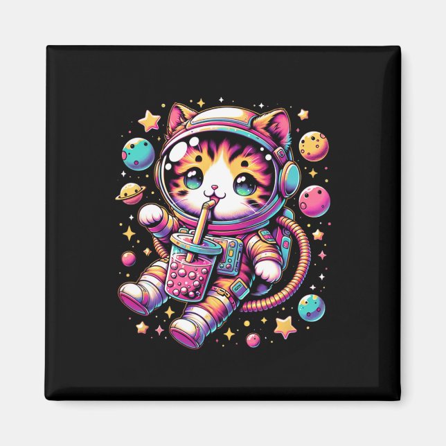 Funny Astronaut Space Kawaii Boba Tea Cat  Magnet (Front)