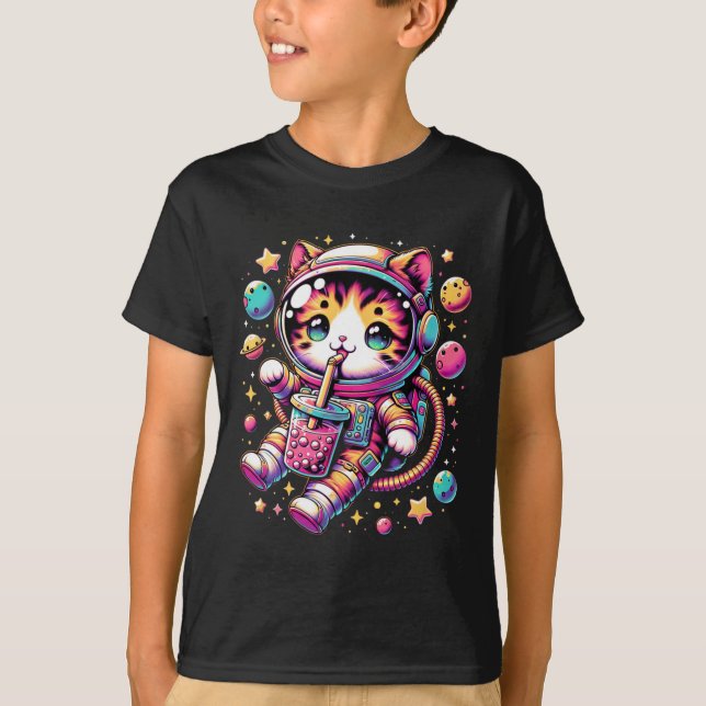 Funny Astronaut Space Kawaii Boba Tea Cat  T-Shirt (Front)