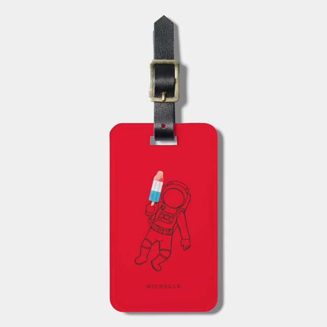 Funny Astronaut Space Rocket Name Red Luggage Tag (Front Vertical)