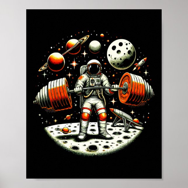 Funny Astronaut Spaceman Weightlifting Fitness Gym Poster (Front)