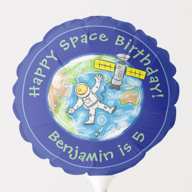 Funny astronaut with satellite over earth cartoon balloon (Front)